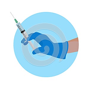 Hand holding a syringe .Round vector icon